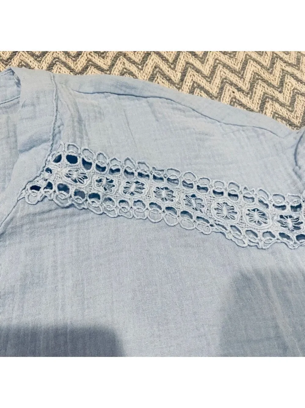 Cupshe Light Blue V-Neck Button Front Crochet-Trim Blouse